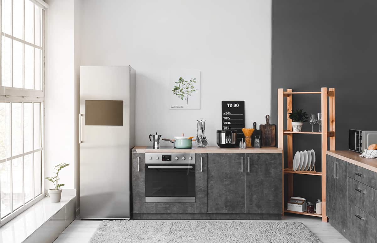 fridge next to sink kitchen